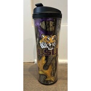 LSU Tigers ThermoServ Insulated Travel Tumbler With Flip Lid Camo & Leaf Design